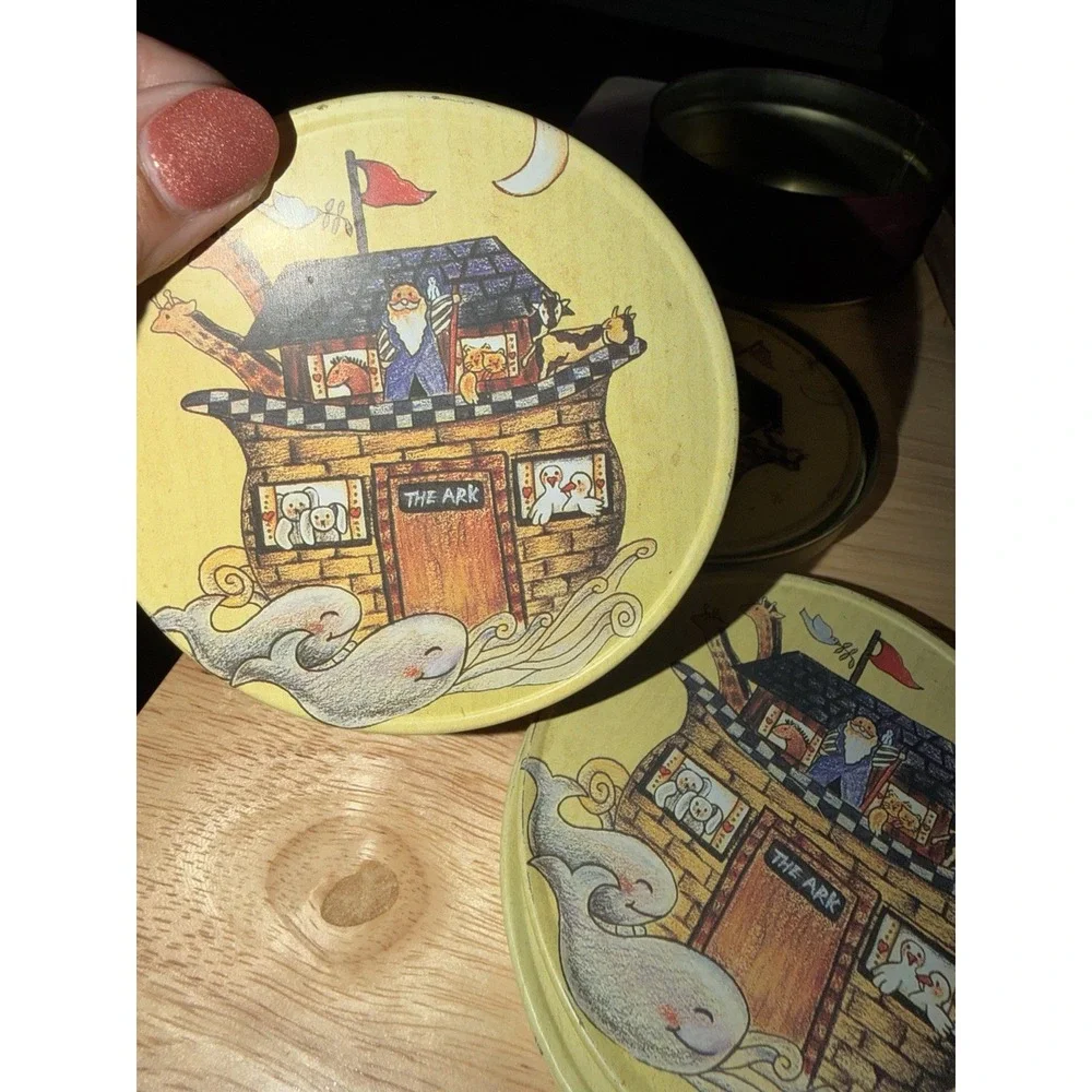 Vtg Set of 6 Noah's Arc Metal Coaster with Cork Back Set in Tin Container 1999